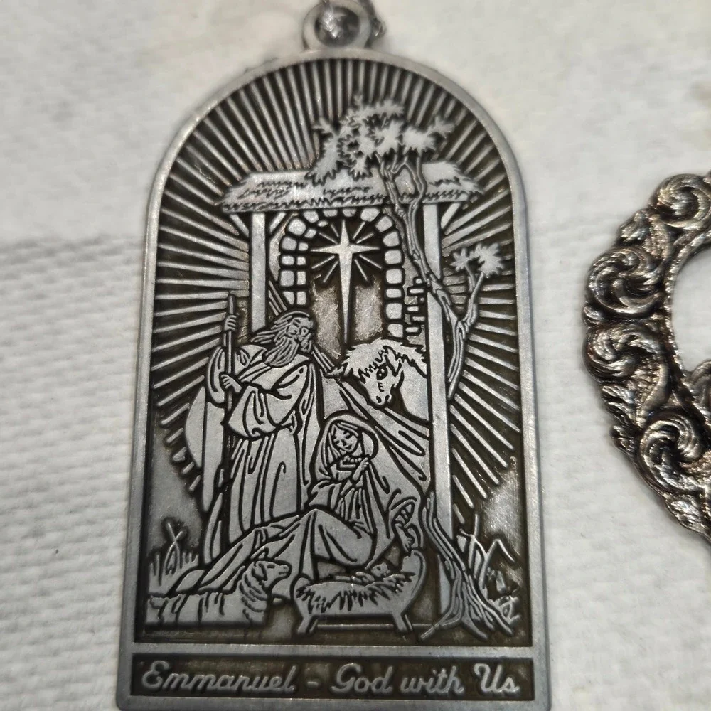 Religious Pewter Metal Christmas Ornaments Set Nativity Holy Family Jesus 3pc